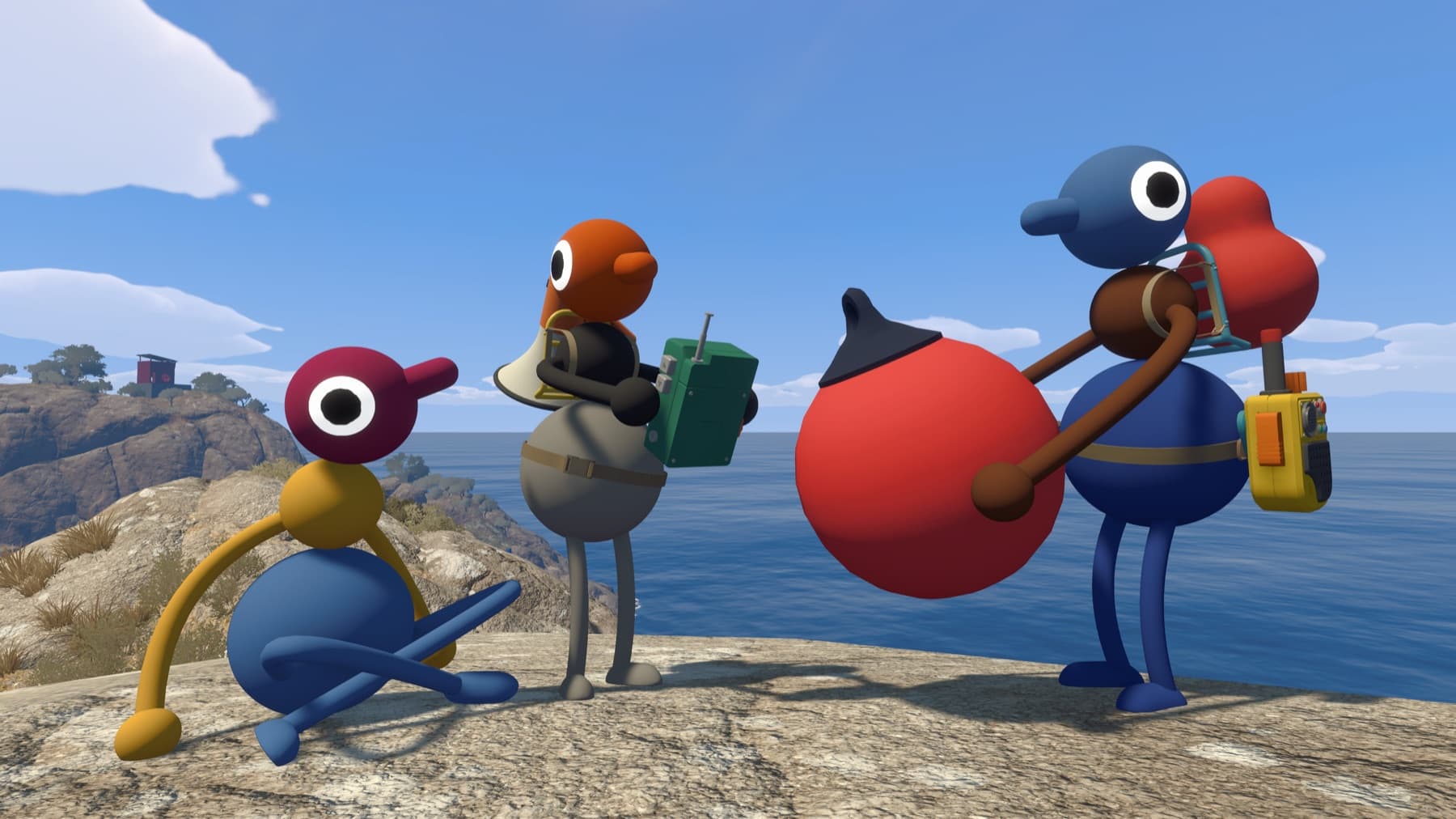 Four colorful Big Walk characters carrying tools on a coastal cliff