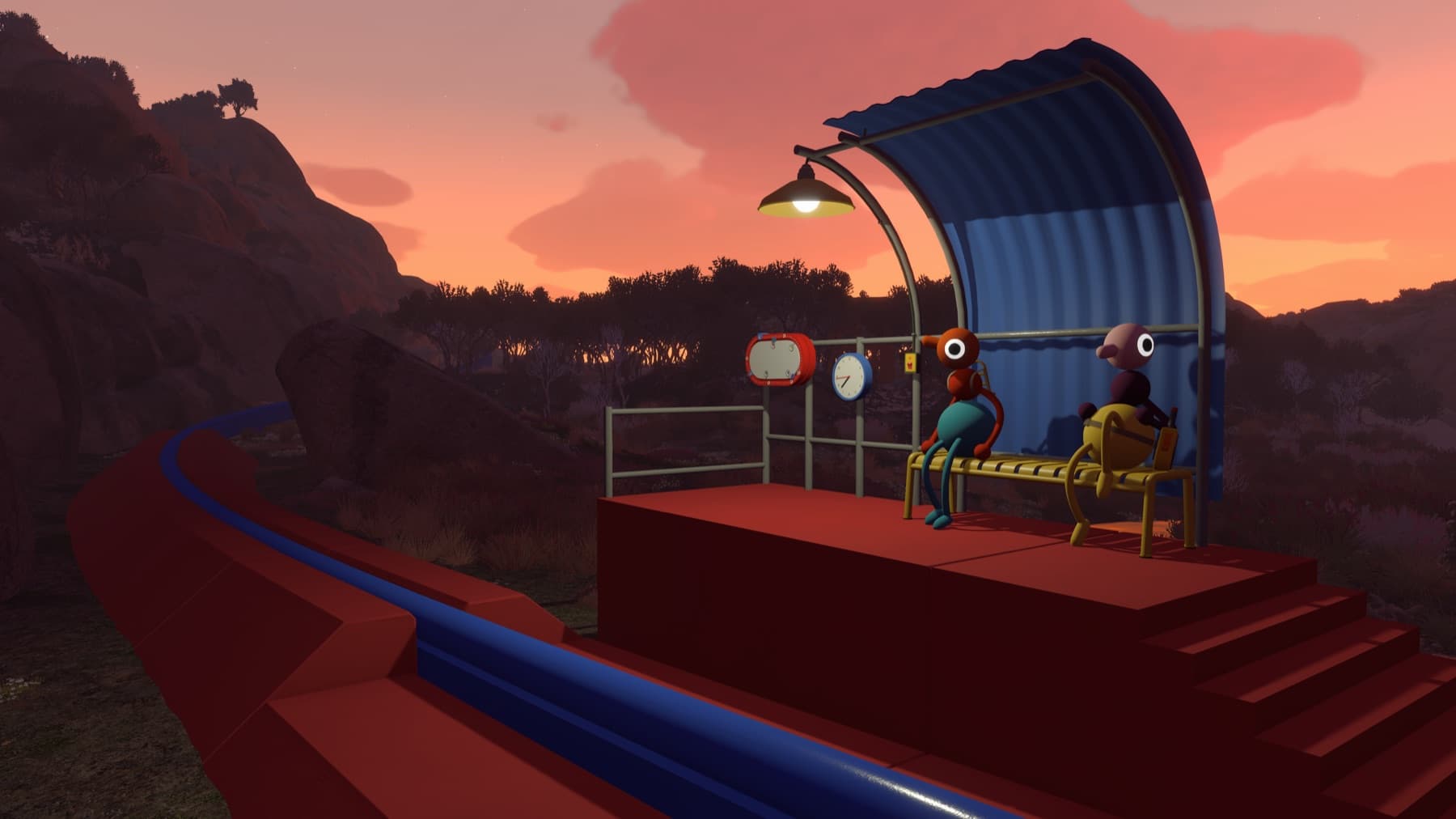 Big Walk characters waiting together at a train platform at sunset